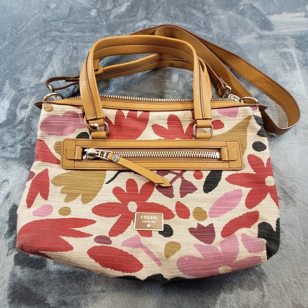 Fossil Issue No. 1954 Floral Canvas‎ Leather Satchel Crossbody Bag Tan Red